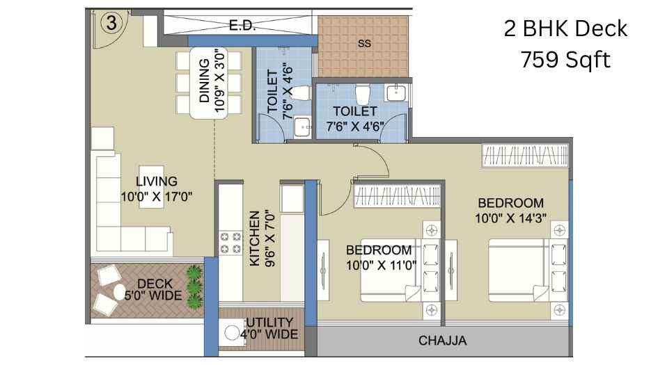Celestria-New-Palm-Beach-Floor-Plan-2-BHK-Deck-759-Sqft